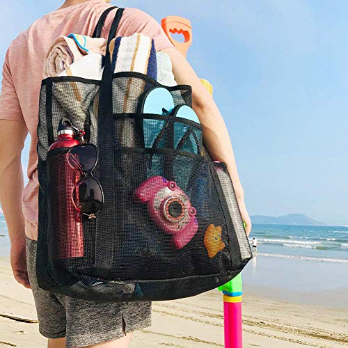 YZCX Bolsa de la Playa Bolsa Grande de Malla de Playa Multifuncional Bolsa de Almacenamiento Bolsa Plegable de Compras con 9 Bolsillos para la Playa, Natación, Camping, Gimnasio