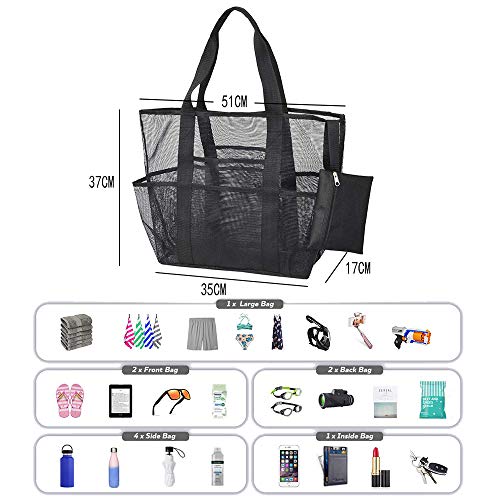 YZCX Bolsa de la Playa Bolsa Grande de Malla de Playa Multifuncional Bolsa de Almacenamiento Bolsa Plegable de Compras con 9 Bolsillos para la Playa, Natación, Camping, Gimnasio