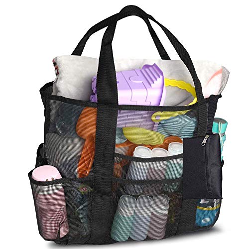 YZCX Bolsa de la Playa Bolsa Grande de Malla de Playa Multifuncional Bolsa de Almacenamiento Bolsa Plegable de Compras con 9 Bolsillos para la Playa, Natación, Camping, Gimnasio