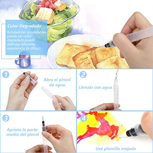 Zacro 24 Colores Rotuladores Pinceles Acuarelables,Pluma de Pinceles,1 Pincel de Agua,2 Plantillas y 8 Pcs Papeles de Dibujar Colorear/Plumilla Nylon/100% no tóxicos para Caligrafía,Pintura y Cómics.