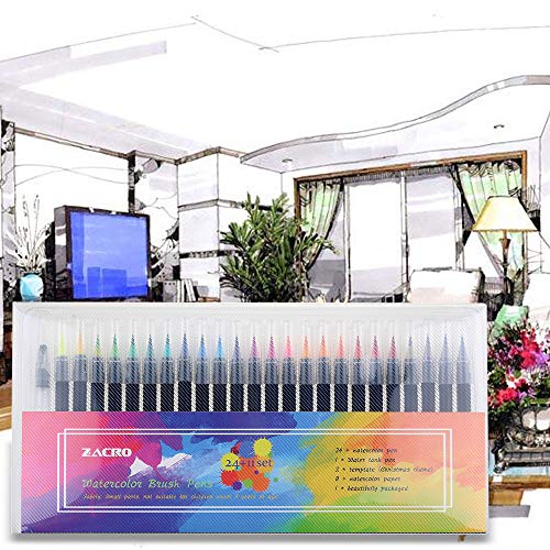 Zacro 24 Colores Rotuladores Pinceles Acuarelables,Pluma de Pinceles,1 Pincel de Agua,2 Plantillas y 8 Pcs Papeles de Dibujar Colorear/Plumilla Nylon/100% no tóxicos para Caligrafía,Pintura y Cómics.