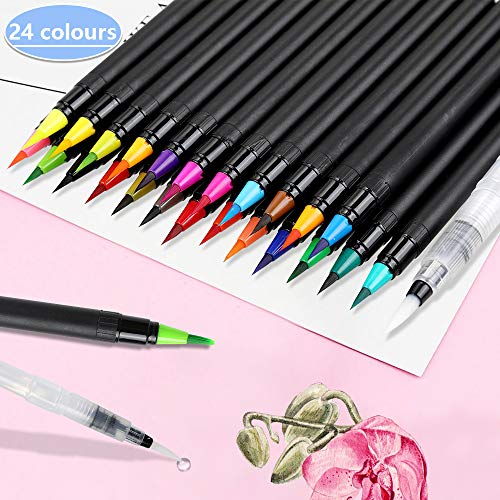 Zacro 24 Colores Rotuladores Pinceles Acuarelables,Pluma de Pinceles,1 Pincel de Agua,2 Plantillas y 8 Pcs Papeles de Dibujar Colorear/Plumilla Nylon/100% no tóxicos para Caligrafía,Pintura y Cómics.