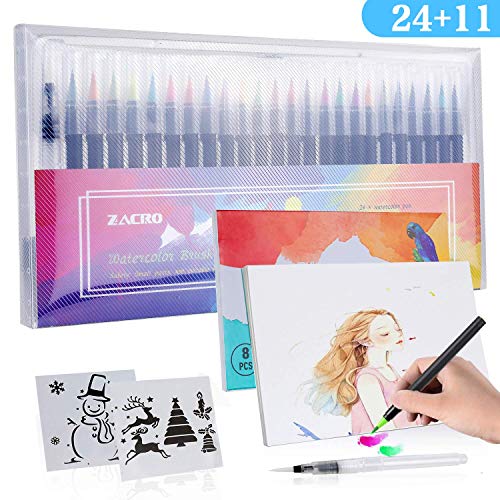 Zacro 24 Colores Rotuladores Pinceles Acuarelables,Pluma de Pinceles,1 Pincel de Agua,2 Plantillas y 8 Pcs Papeles de Dibujar Colorear/Plumilla Nylon/100% no tóxicos para Caligrafía,Pintura y Cómics.