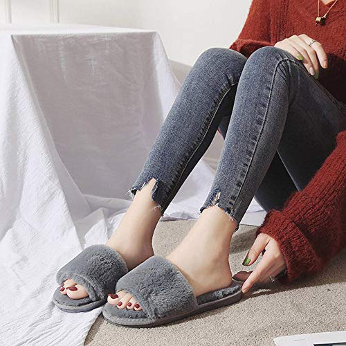 Zapatillas de piel para mujer 2020 zapatos de invierno para mujer zapatillas grandes para el hogar zapatillas de felpa para mujer zapatos de algodón mullidos cálidos para interiores Y-Grey_36-37