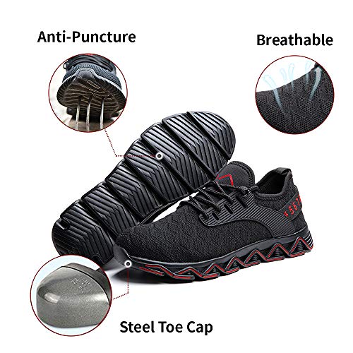 Zapatos de Seguridad Hombre Mujer con Punta de Acero Zapatillas de Trabajo Deportivo Calzado Ligeros Comodo Transpirables Unisex Rojo Talla 44 EU