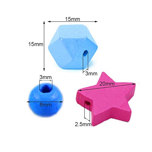 Zasiene 290 Piezas Cuentas de Madera Abalorios Madera Cuentas en Colores Cuentas Madera Coloridas Cuentas, con Agujas de Abalorios, para Hacer Pulseras Collares, (Octagonal, Redonda, Estrella)