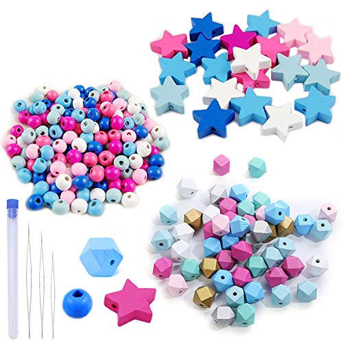 Zasiene 290 Piezas Cuentas de Madera Abalorios Madera Cuentas en Colores Cuentas Madera Coloridas Cuentas, con Agujas de Abalorios, para Hacer Pulseras Collares, (Octagonal, Redonda, Estrella)