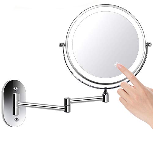 ZEPHBRA Espejo de Maquillaje con Luz LED 1X/5X Aumento Espejos de Aumento de Pared de Doble Cara Giratorio Espejos Extensibles para Baño y Tocador (Plata)