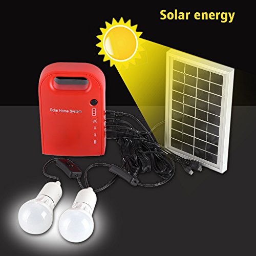 Zerodis Kit de iluminación de energía Solar, 12V portátil hogar iluminación Exterior DC Paneles solares Sistema de generación de energía de Carga con 4 en 1 Cable de Carga USB y Blanco LED Bombilla