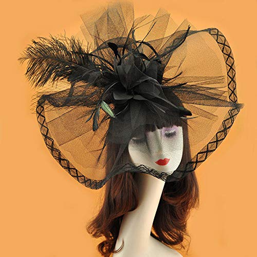 ZGHBJ Accesorios para el Cabello Pasarela exagerada Tocado de Hilo de Red Grande Vestido de Noche Personalidad Femenina Etapa Maquillaje Creativo Nupcial pequeño bombín Pluma Pelo joyería Rojo