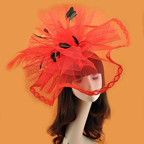 ZGHBJ Accesorios para el Cabello Pasarela exagerada Tocado de Hilo de Red Grande Vestido de Noche Personalidad Femenina Etapa Maquillaje Creativo Nupcial pequeño bombín Pluma Pelo joyería Rojo