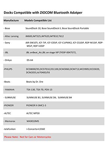 Ziocom Bluetooth 4.1 A2DP Receptor de música de Audio Adaptador Bluetooth Adaptador de Audio inalámbrico portátil para Bose Sounddock y 30Pin iPhone iPod Dock Altavoz Home Sistema de Sonido Negro