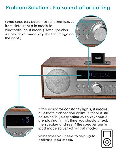 Ziocom Bluetooth 4.1 A2DP Receptor de música de Audio Adaptador Bluetooth Adaptador de Audio inalámbrico portátil para Bose Sounddock y 30Pin iPhone iPod Dock Altavoz Home Sistema de Sonido Negro