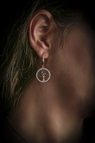 ZIRKONIA Pendientes Arbol de la Vida - Plata de Ley, Chapado Oro Rosa y Circonitas Grado AAA.