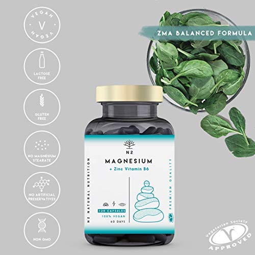 ZMA Magnesio Zinc Vitamina B6 Contribuye al Mantenimiento Nivel Testosterona y Energia Reduce Cansancio. Sistema Inmunitario. 120 Cápsulas Clorofila. Certificado VEGANO CE.N2 Natural Nutrition