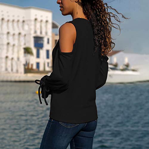 ZODOF Camiseta Basica Mujer Atractivas del Escote Redondo con Cordones De La Túnica De Manga Larga Camisas De Hombro Frío Blusas