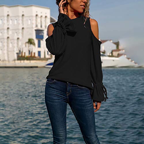 ZODOF Camiseta Basica Mujer Atractivas del Escote Redondo con Cordones De La Túnica De Manga Larga Camisas De Hombro Frío Blusas