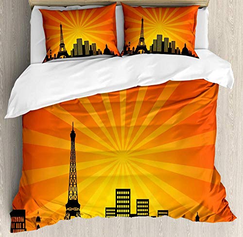 zpangg Juego de Funda nórdica de la Torre Eiffel City Skyline con Tonos de Mandarina Efecto Sunburst Juego de Cama Decorativo con Almohada