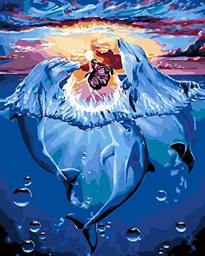 zpbzambm Pintura por Números Kits,Lienzo De Bricolaje Regalo De Pintura Al Óleo para Adultos Niños,Pintar por Numeros,Decoración del Hogar Mural De Arte,Jugando Delfines,40X50Cm,con Marco,A1200