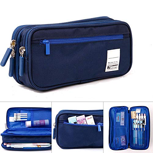 zunbo - 1 estuche de lápices con doble compartimento, estuche para lápices, lápiz escolar, gran capacidad para artículos de papelería para estudiantes, color Bleu foncé