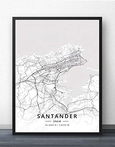 ZWXDMY Impresión De Lienzo,España Santander Mapa De La Ciudad Moderno Negro Blanco Pintura Simple Arte Minimalista Mural Cartel Sala De Estar Vertical Café Decoración, 70 × 100 Cm