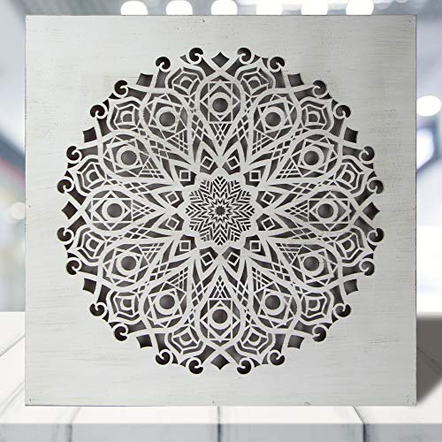-Mandala de Pared Calada, Fabricada artesanalmente en España- Mandala 3D Cuadrada Pintada a Mano- Modelo Mosaico 123 (Blanco Envejecido, 50X50)