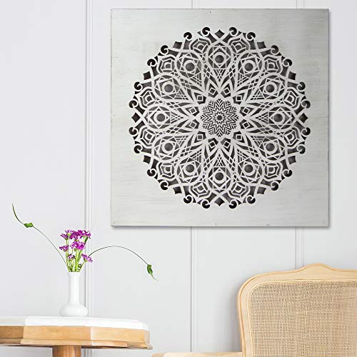-Mandala de Pared Calada, Fabricada artesanalmente en España- Mandala 3D Cuadrada Pintada a Mano- Modelo Mosaico 123 (Blanco Envejecido, 50X50)