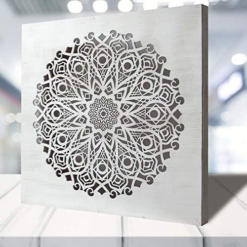 -Mandala de Pared Calada, Fabricada artesanalmente en España- Mandala 3D Cuadrada Pintada a Mano- Modelo Mosaico 123 (Blanco Envejecido, 50X50)