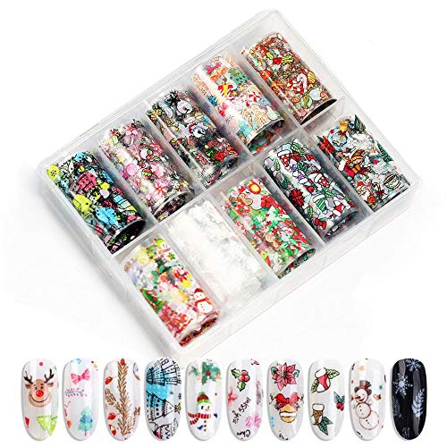 10 Rollos Christmas Floral Starry Sky Nail Art Transfer Sticker Pegatinas Uñas, Mwoot Nail Tips Wraps Foil Transfer Adhesive Glitters Clavo Tattoo Decoracion para Navidad diseño