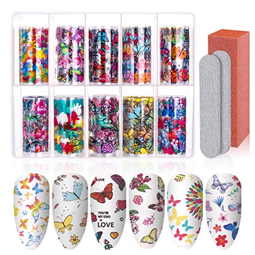 10 rollos de pegatinas de mariposa para uñas 4000 Pcs, Calcomanía acrílica para decoración de uñas, accesorios de flores para uñas con limas y tampón para uñas