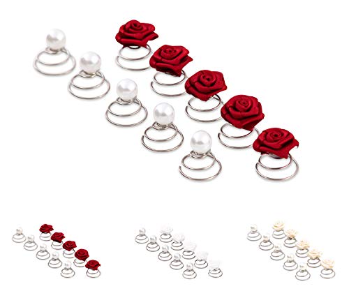 10 rosas y perlas en horquilla en espiral - Accesorios nupciales del pelo - Set Rojo Burdeos