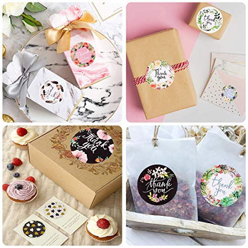 1000 pegatinas redondas de agradecimiento con 8 tipos de flores, pegatinas hechas a mano, hechas a mano con el texto "Thank you" para hornear, bolsas de regalo, sobre de boda(5 cm + 3,8 cm)