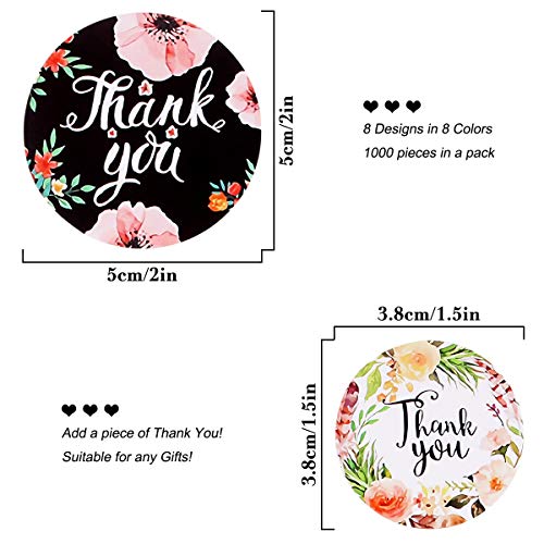 1000 pegatinas redondas de agradecimiento con 8 tipos de flores, pegatinas hechas a mano, hechas a mano con el texto "Thank you" para hornear, bolsas de regalo, sobre de boda(5 cm + 3,8 cm)