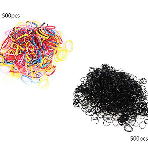 1000 Piezas Elástico Banda Elástica Gomas de Pelo,Para Pelo de Niñas, Dreadlocks Pequeños, Peinado de Boda y Más（Negro y color）