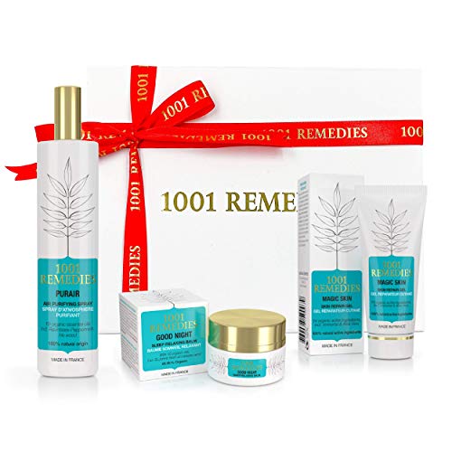 1001Remedies Regalo para Mujer, Hombre - Regalo para San Valentin, cesta Navidad con un Spray Purificador de Aire, una Crema Antimanchas Facial y una Crema Corporal para dormir bien, todo natural