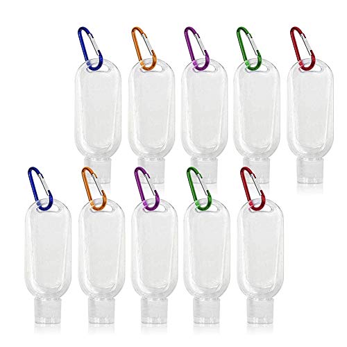 10Pcs 50ml Botellas de Viaje Portátiles,Botellas de Plástico con Mosquetón y Tapa Abatible Contenedores de Viaje Plástico Transparente con Llavero para Desinfectante de Manos Loción Champú
