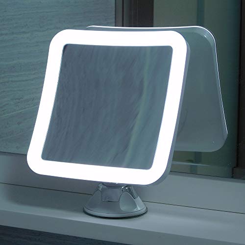 10X Espejo de Maquillaje con Aumento de con Luces LED - Ventosa de Bloqueo Fuerte, rotación de 360°, Compacto, portátil, Iluminado Mesa, baño, Espejo de Viaje - 16,2cm de Ancho