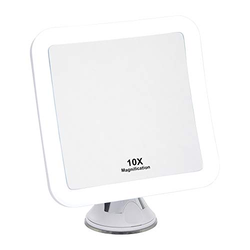 10X Espejo de Maquillaje con Aumento de con Luces LED - Ventosa de Bloqueo Fuerte, rotación de 360°, Compacto, portátil, Iluminado Mesa, baño, Espejo de Viaje - 16,2cm de Ancho