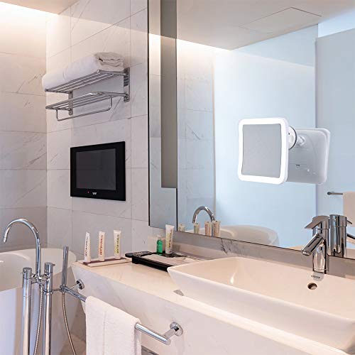 10X Espejo de Maquillaje con Aumento de con Luces LED - Ventosa de Bloqueo Fuerte, rotación de 360°, Compacto, portátil, Iluminado Mesa, baño, Espejo de Viaje - 16,2cm de Ancho