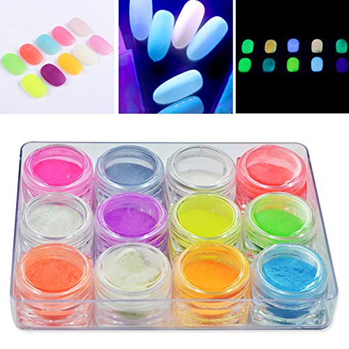 12 colores Polvo de fosforo de neon luminoso uñas purpurina polvo brillo en la oscuridad