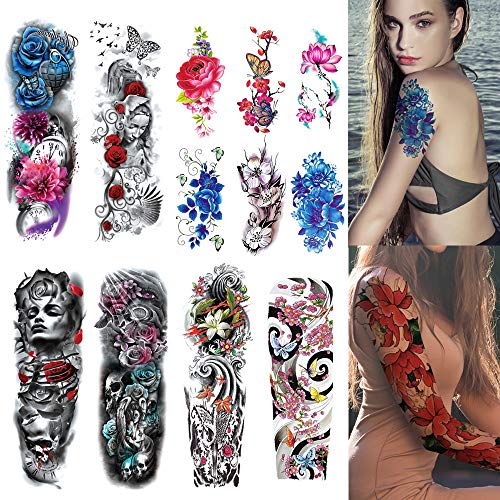 12 Hojas de tatuajes temporales para el brazo Pegatinas para hombres, mujeres Pegatinas de tatuajes temporales, Hombres, Mujeres, Tatuaje del brazo, Brazo completo, Media para el carnaval