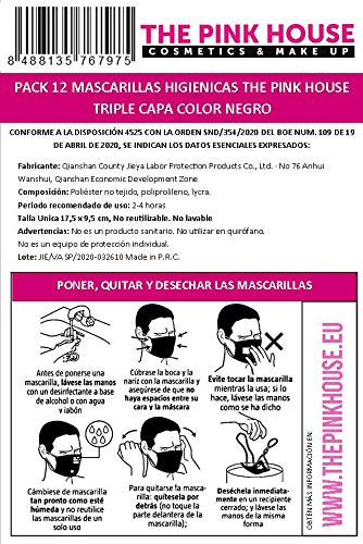 12 Mascarillas Negras · Higiénicas The Pink House. Máscaras no quirúrgicas. Desechables de 3 capas de protección