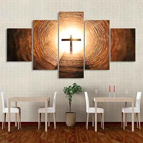 13Tdfc Cuadros Impresos En Lienzo Que Brillan En La Oscuridad 150X80Cm - 5 Piezas -Jesús El Señor Cristiano Católico Última Cena Religiosa- Premium Lienzo De Tejido No Tejido XXL