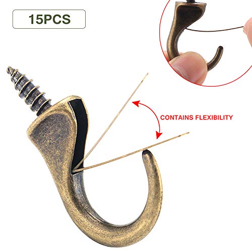15 ganchos de pared atornillados suspendidos, ganchos de copa Ganchos de techo caídos Ganchos de bucle de tornillo (bronce)