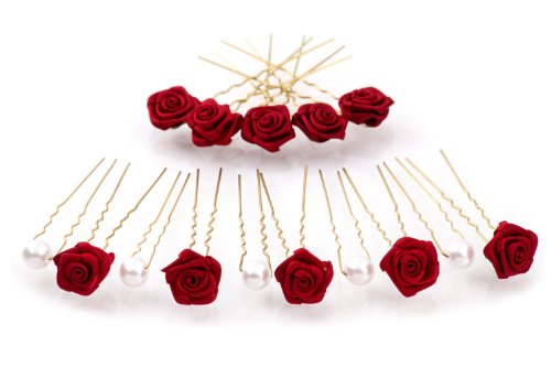 15 rosas y perlas horquillas - Joyas para el cabello - oro - Rojo Burdeos