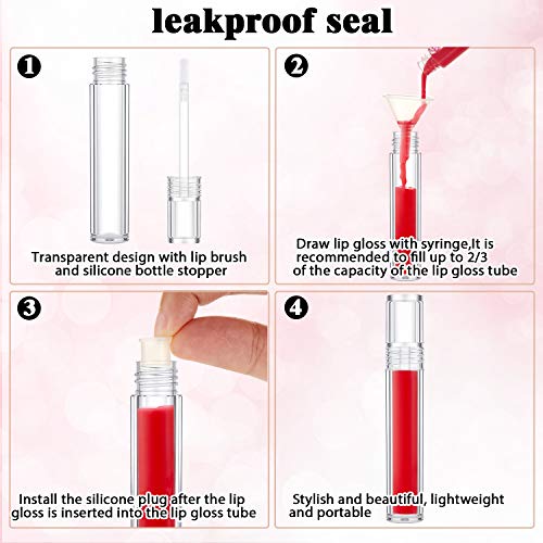 15 Tubos de Brillo de Labios Vacíos con Varita Envases de Brillo Labial Transparente de 5 ml Tubos de Bálsamo Labial Recargables con Tapones de Goma y 3 Jeringa de Plastico para Cosmético