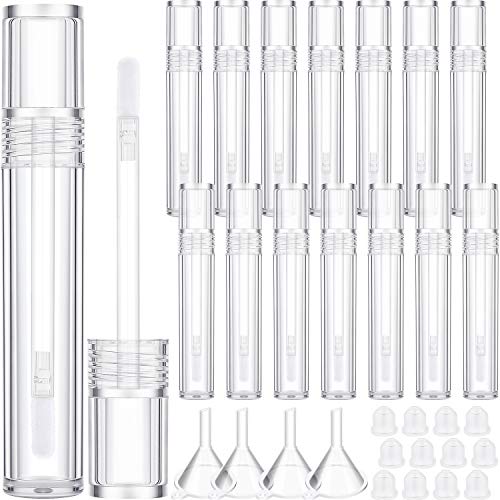 15 Tubos de Brillo de Labios Vacíos con Varita Envases de Brillo Labial Transparente de 5 ml Tubos de Bálsamo Labial Recargables con Tapones de Goma y 3 Jeringa de Plastico para Cosmético