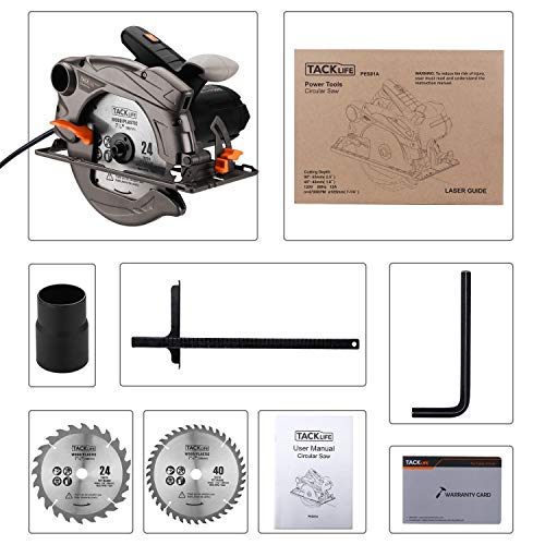 1500W 4700RPM Sierra Circular, Corte 63mm (90º), 45mm (45º), 24T+40T Cuchilla, Guía Laser, Motor de Cobre Puro, Cable de 3 Metros, Cortar Madera y Metal etc -PES01A