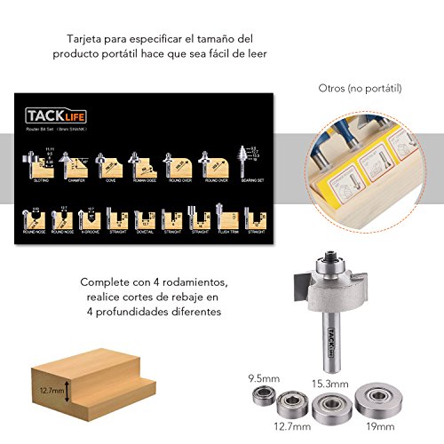 19 PCS Broca de Fresadora, Tacklife ARB03C Broca de Fresa, Vástago de 8mm, Fabricada de C3/YG6X, 15 Piezas de Fresa & 4 Rodamientos Intercambiables & Llave Allen
