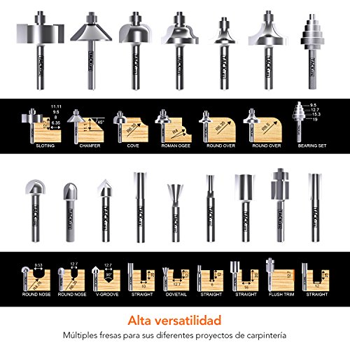 19 PCS Broca de Fresadora, Tacklife ARB03C Broca de Fresa, Vástago de 8mm, Fabricada de C3/YG6X, 15 Piezas de Fresa & 4 Rodamientos Intercambiables & Llave Allen